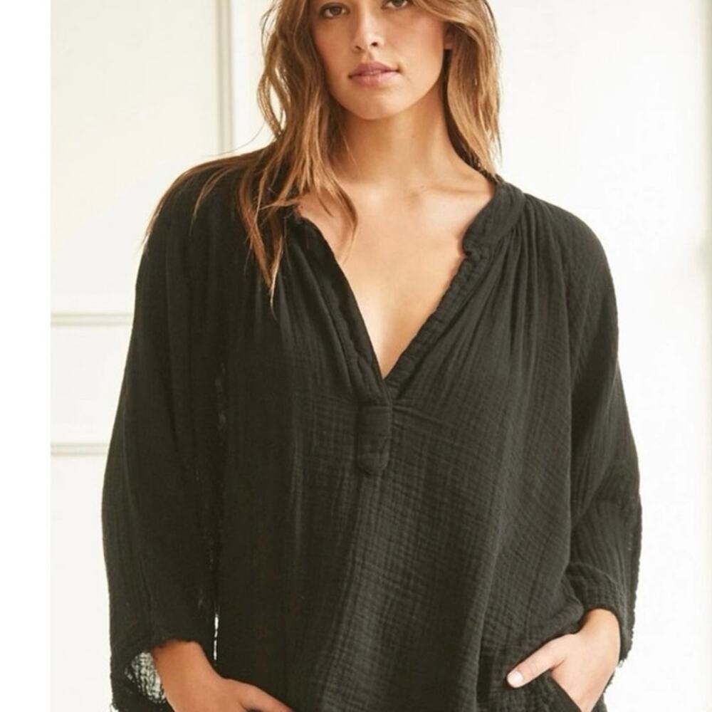 9 Seed M L Marrakesh Dashiki Tunic Top Coverup Cotton Gauze Made in USA Black